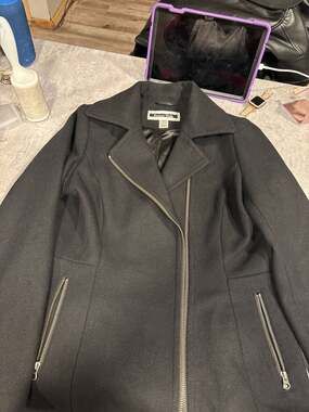 Kristen Blake Women's Black Asymmetrical Zip Wool Blend Moto Coat